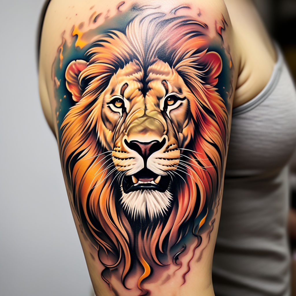 widas:lion-neo-traditional-twisted-anchor-tattoo-color-tattoo-lion