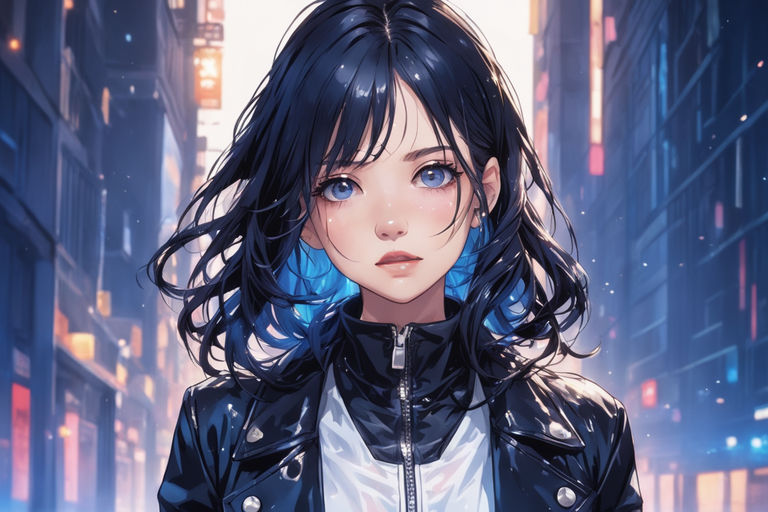 Deep dark blue haired wave anime woman with deep blue eyes