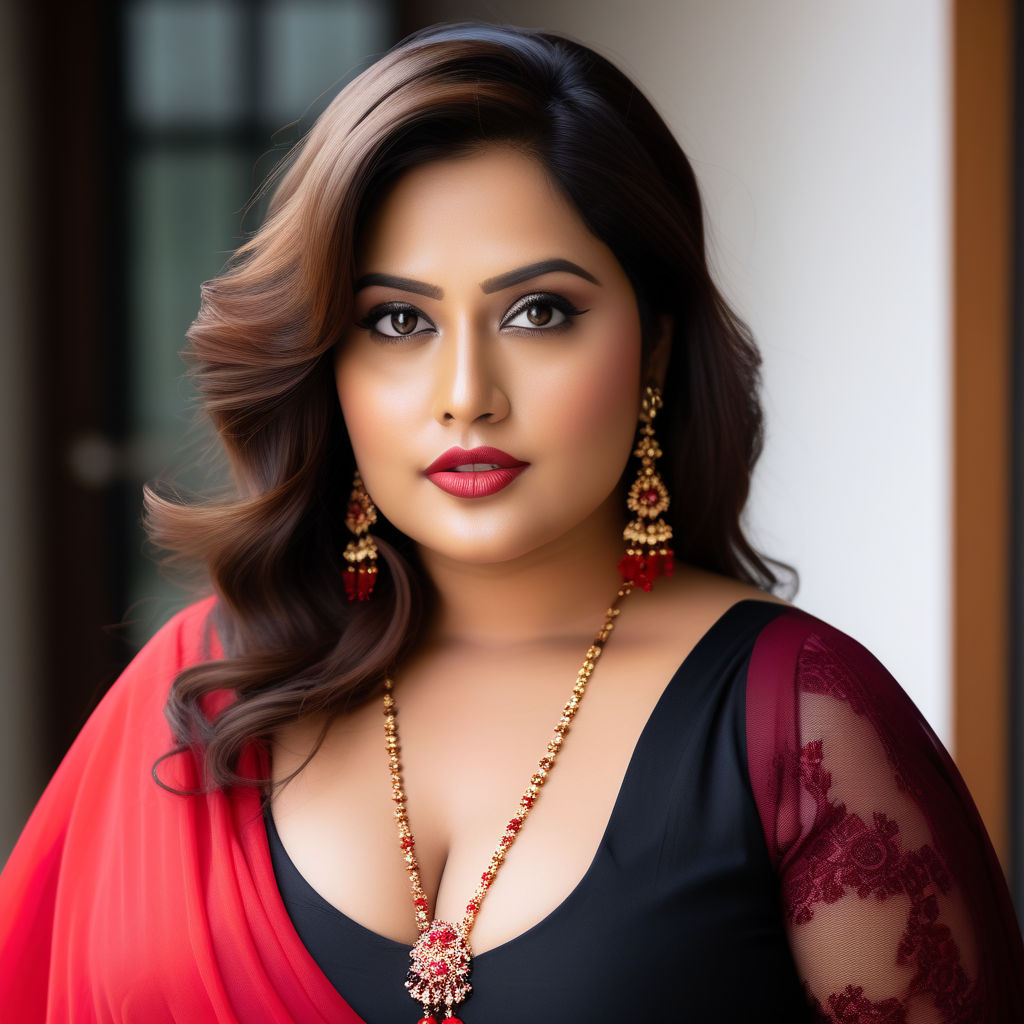 Sultry plus size well endowed full figured size 44 Bengali woman in  transparent red chiffon saree deep cuts sleeveless halter bustier wide deep  neck blouse size 44 in front of blackboard. - Playground