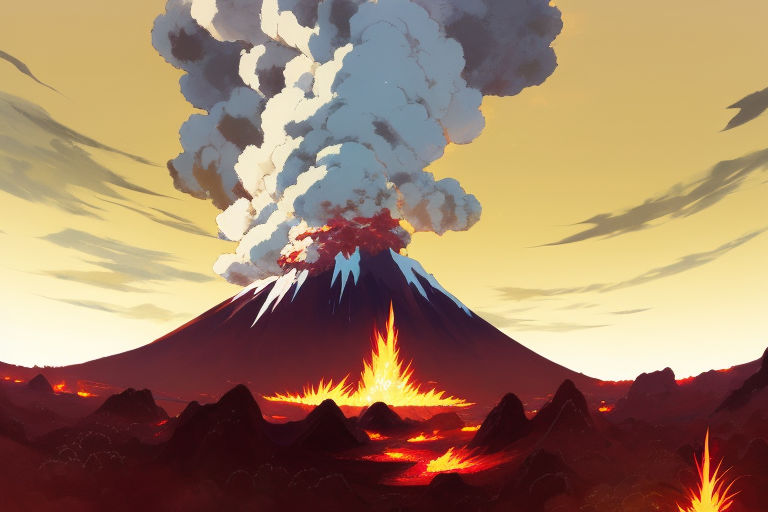 Volcano erupting village at base. - AI Photo Generator - starryai
