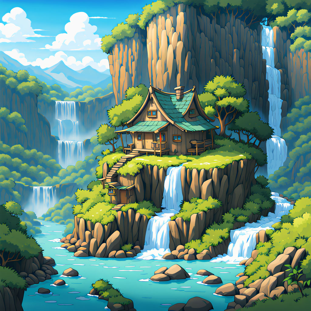 Premium Photo | Surreal waterfall anime panorama background