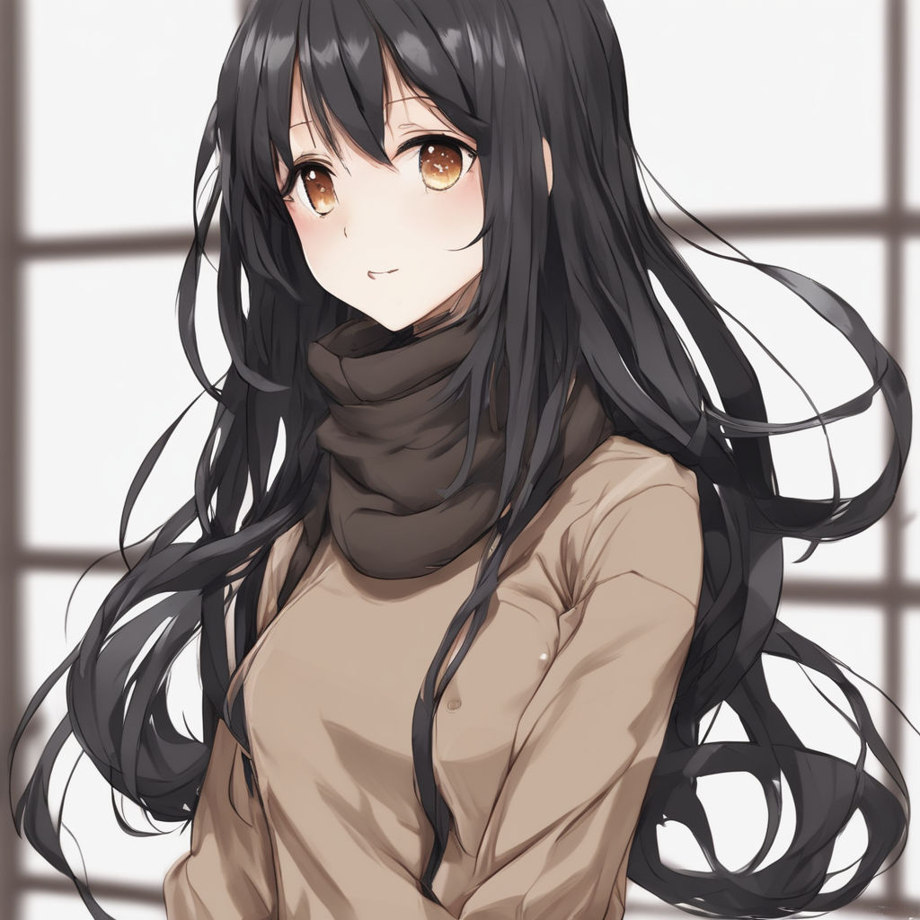 Anime a girl in a black turtleneck and dark brown hair bangs with green eyes