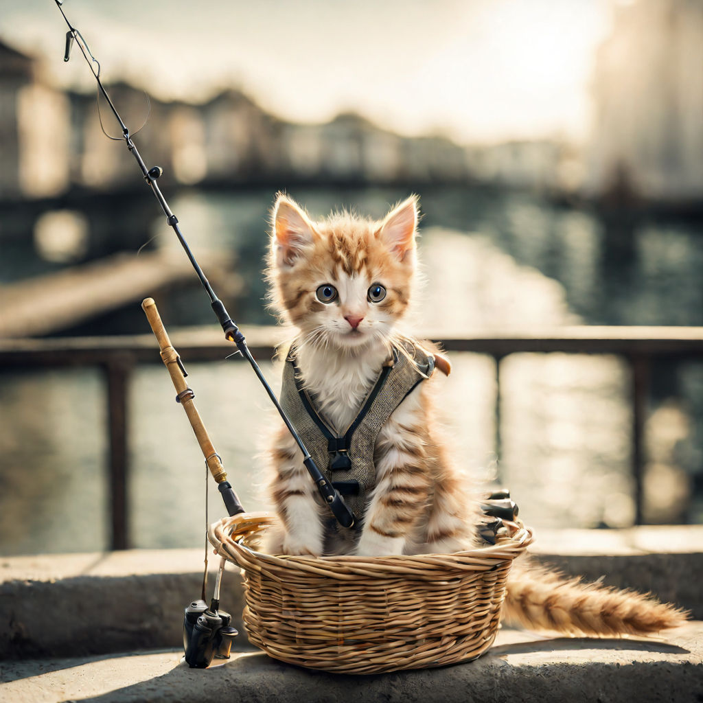 A cat is trying to fish with a rod and line. The bait? A tiny crocheted fish.  The cat thinks it's the real deal and excitedly tries to reel it in. 