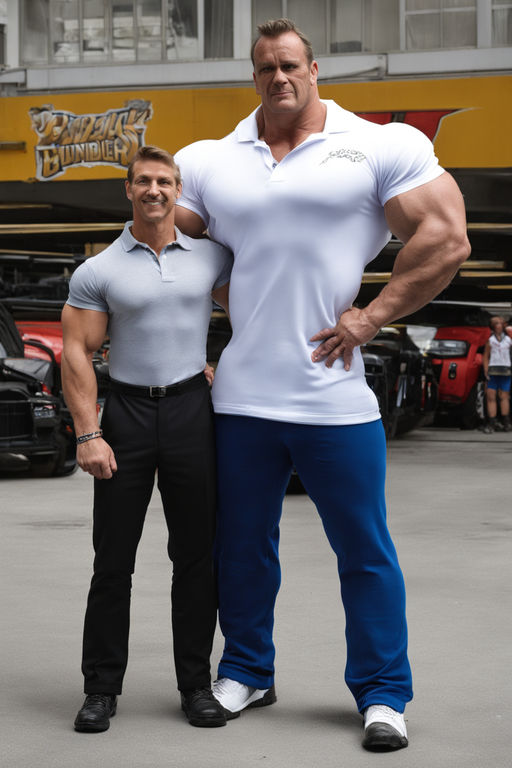 Dude stands next to an very enlarged 10-foot-tall-bodybuilder wearing a  polo shirt - Playground