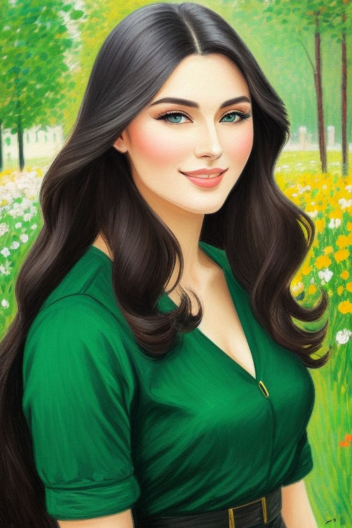 black hair green eyes girl drawing