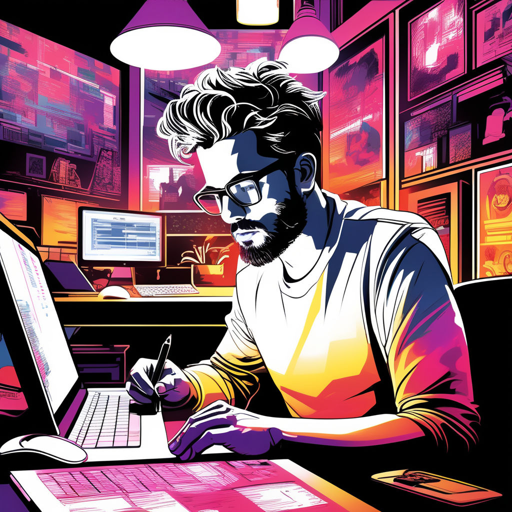 Prompt: Graphic designer immersed in work, front view, seated before a computer with intense focus, vibrant screen glow reflecting on face, meticulously organized desk with graphic tablet, stylus resting beside, ambient room lighting, pen and ink style, dramatic lighting, high contrast, ultra fine detail.