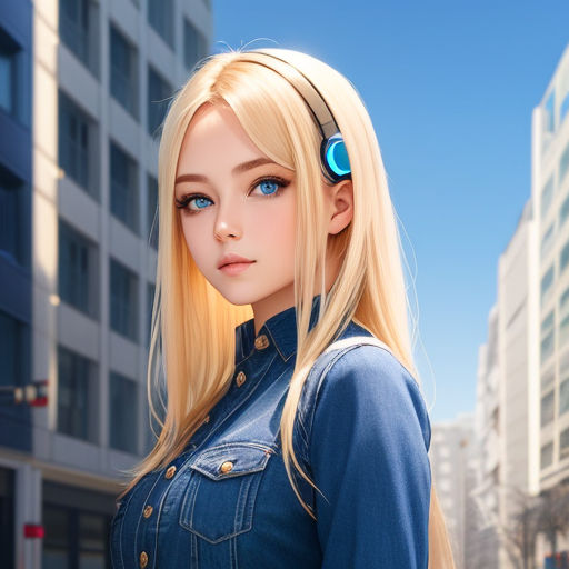 anime girl with blonde hair and blue eyes and headphones