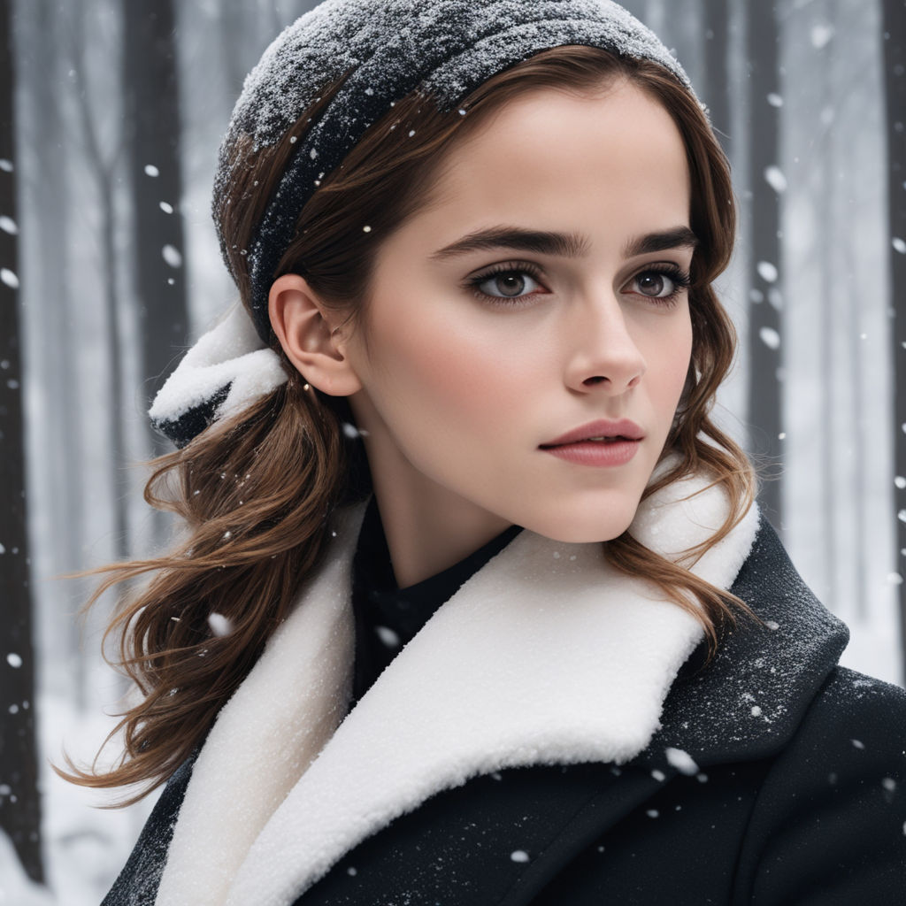 Prompt: Emma watson in a black coat, snowing, in the style of fujifilm natura 1600, soft, romantic scenes, poolcore, cabincore, 32k uhd, golden age aesthetics --ar 7:3 --style raw, Miki Asai Macro photography, close-up, hyper detailed, trending on artstation, sharp focus, studio photo, intricate details, highly detailed, by greg rutkowski