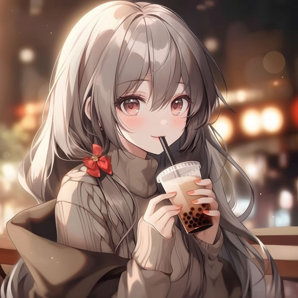 Anime girl drinking hot cocoa in a cafe with a view of snowing outside a  window on Craiyon