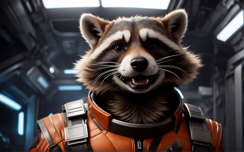 Racoon wearing a spacesuit and space-visor on the moon\