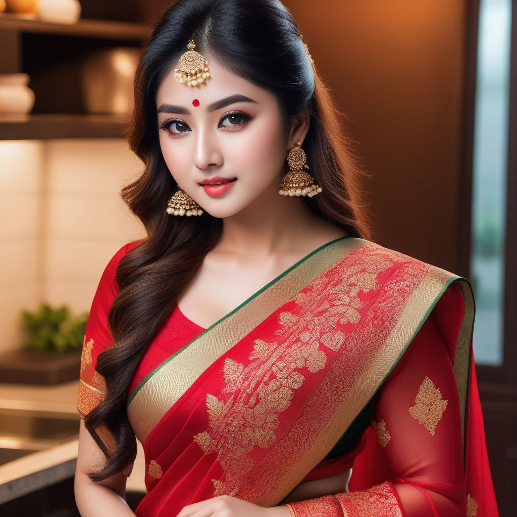 Plus size Bengali woman wearing transparent red chiffon saree and
