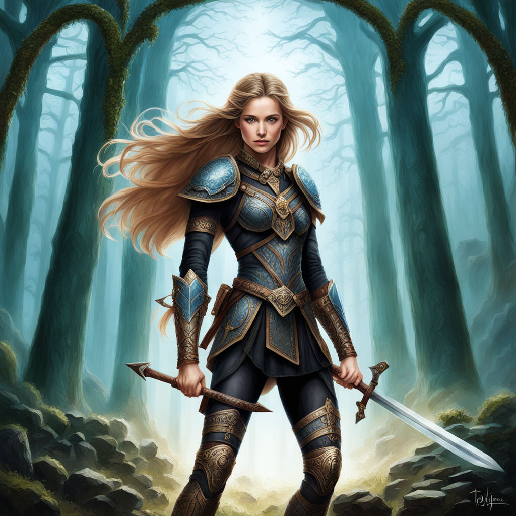 Sturdy and muscular half-elf female fighter, two tone medium length hair  tied up, wearing a combat outfit with the colors of nature and holding a  war hammer and war axe on Craiyon