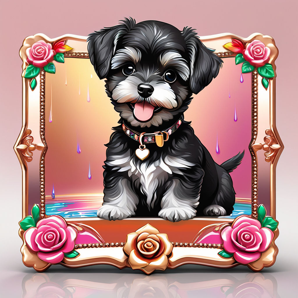 Prompt: 2D cartoon very photo realistic digital painting, flat graphic vector square sticker with white outline, Disney cartoon art style, delightful very photo realistic image of a very happy very cute silver light black Miniature Schnauzer x Toy Poodle puppy wearing a fancy collar and mischievously splashing through a rose gold multicolor colorful mirror-like reflective shiny iridescent liquid chrome puddle in front of a white background, iridescent vivid colors, pastel butterflies and precious jewels complete the magical scene, full body, proportional limbs, SOLID WHITE BACKGROUND