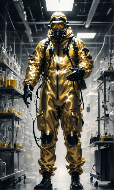 Cyberpunk street scene with humans in anti-contamination suits