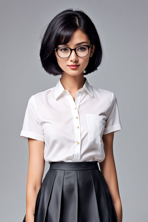 Anime girl with black hair and giant boobs popping out of a white button  down shirt with glasses - Playground