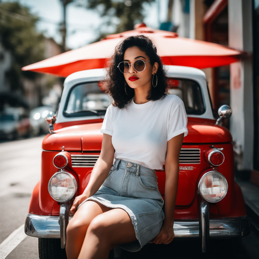 Female woman dressed in a rockabilly fashion posing next to a