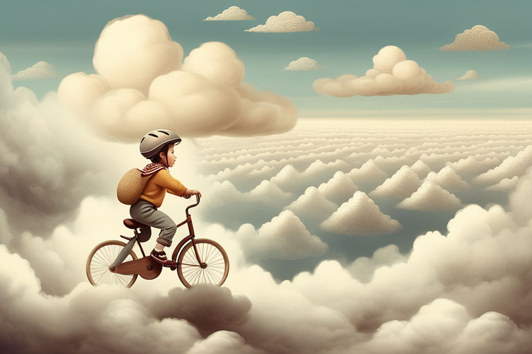 Prompt: a child riding a bicycle over the clouds