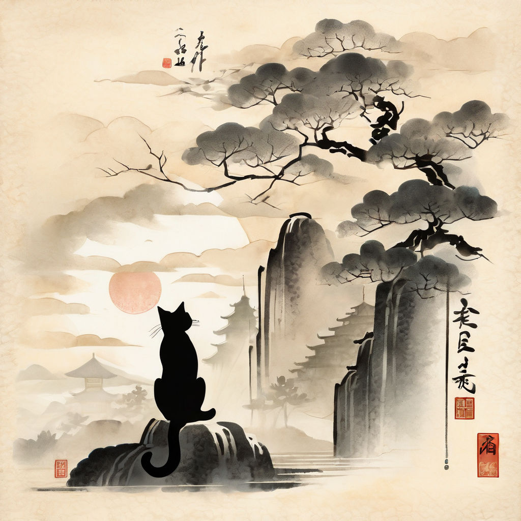 Traditional sumi ink painting of a cat and bird | Poster