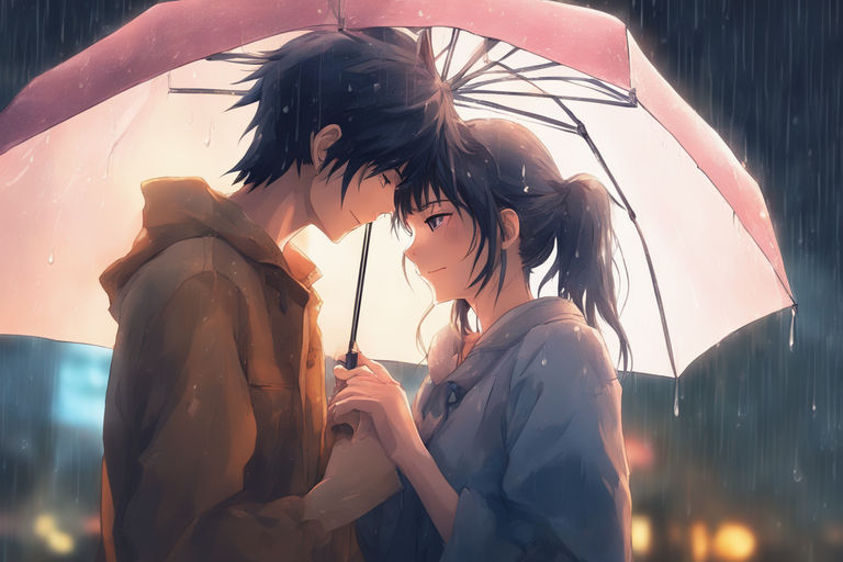 anime couple hugging in rain