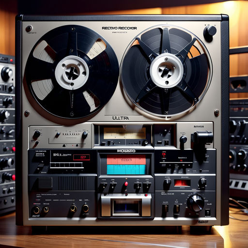 luscious reel to reel tape recorder in a retro futuristic recording studio  - Playground