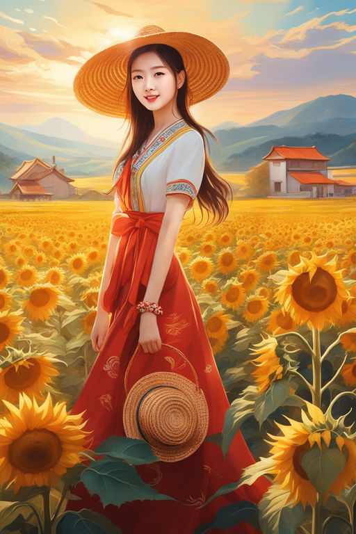 Anime girl with a straw hat in a sunflower field Poster for Sale