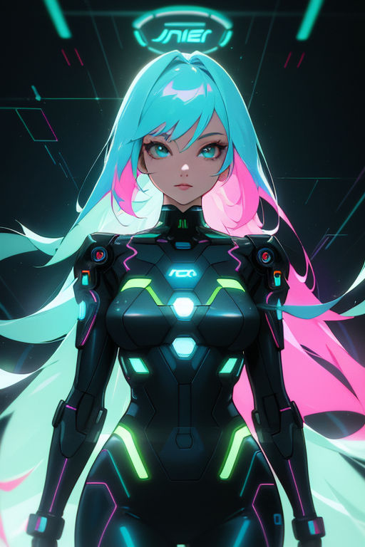 Cyberpunk anime characters with blue hair and neon glow