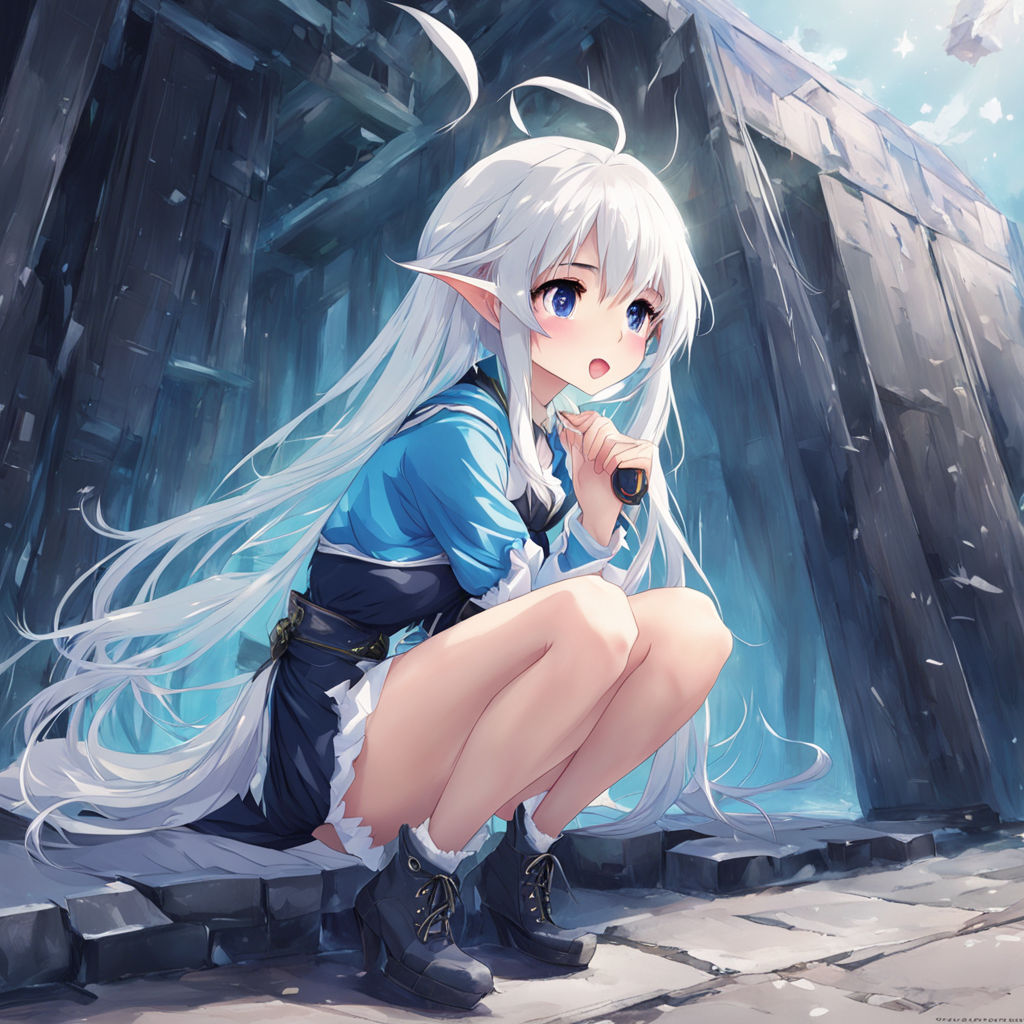 white hair, blue eyes, big boobs, bent over, bare shoulders, anime girls,  heels, sword