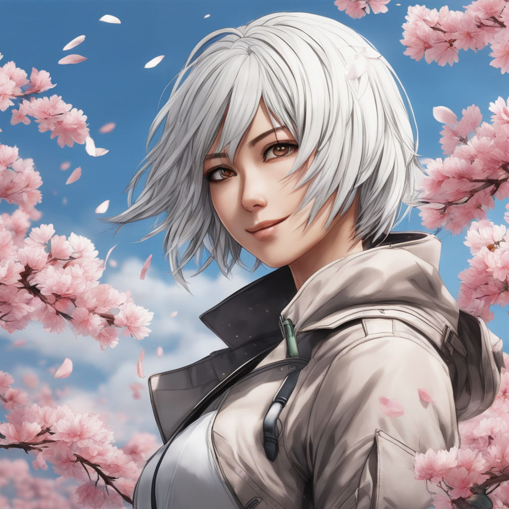 detailed anime girl with white short hair side profile with black  background - Playground