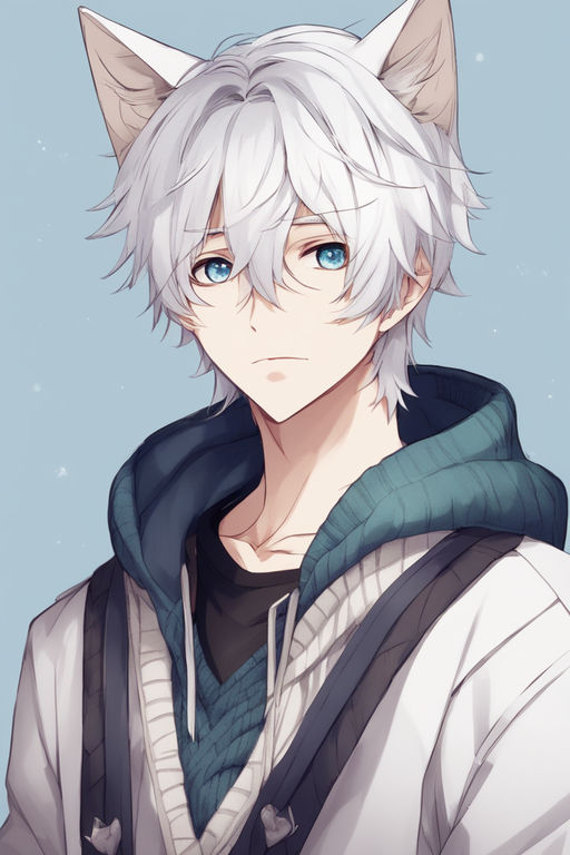 anime neko boy with white hair