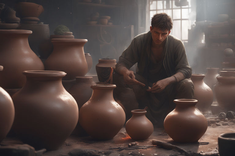 A detailed image of a pair of hands delicately sculpting clay on a potter's  wheel during a soft-lit evening in a pottery studio, captured with a medium  format camera using a macro