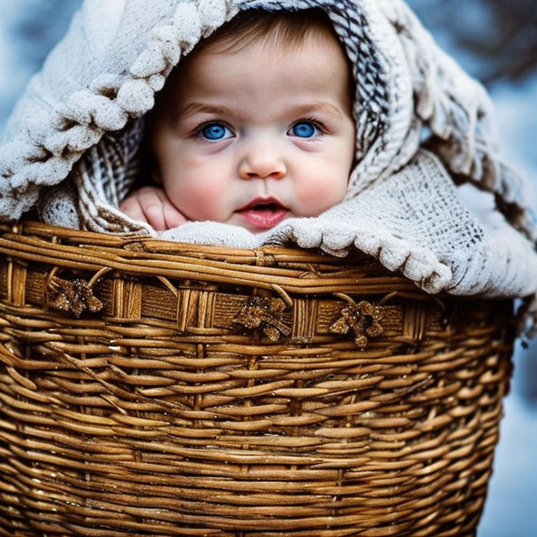 baby covered with pink blanket in brown woven basket with brown