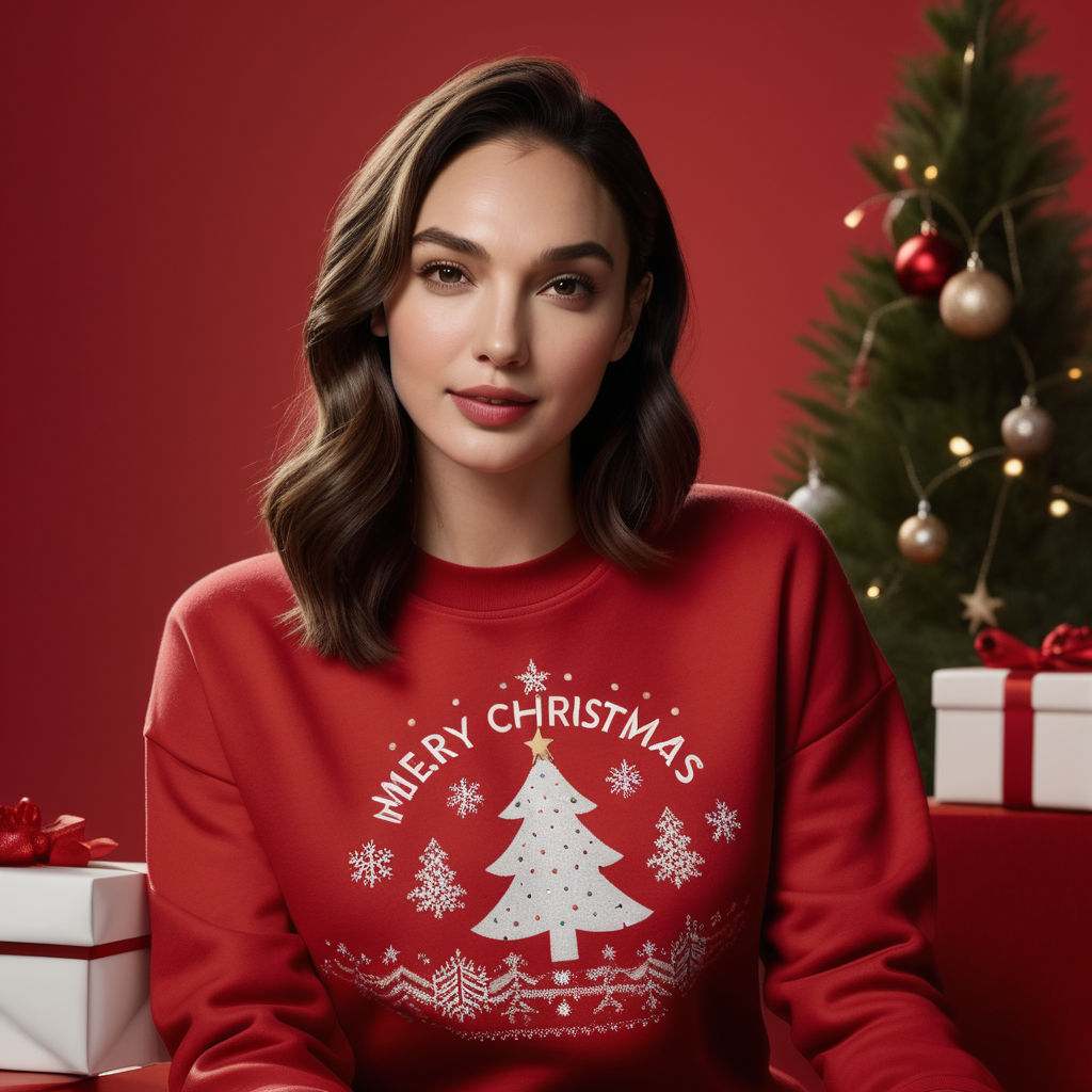 Prompt: Product photography of beautiful average looking smiling young actress Gal Gadot wearing an oversized red Gildan 18000 crewneck sweatshirt, Christmas background - 4k, photorealistic.