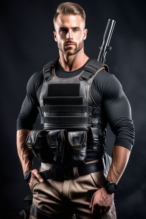 Man with dark medium hair cyberpunk mercenary streetwear muscular soldier  fighter tactical face portrait