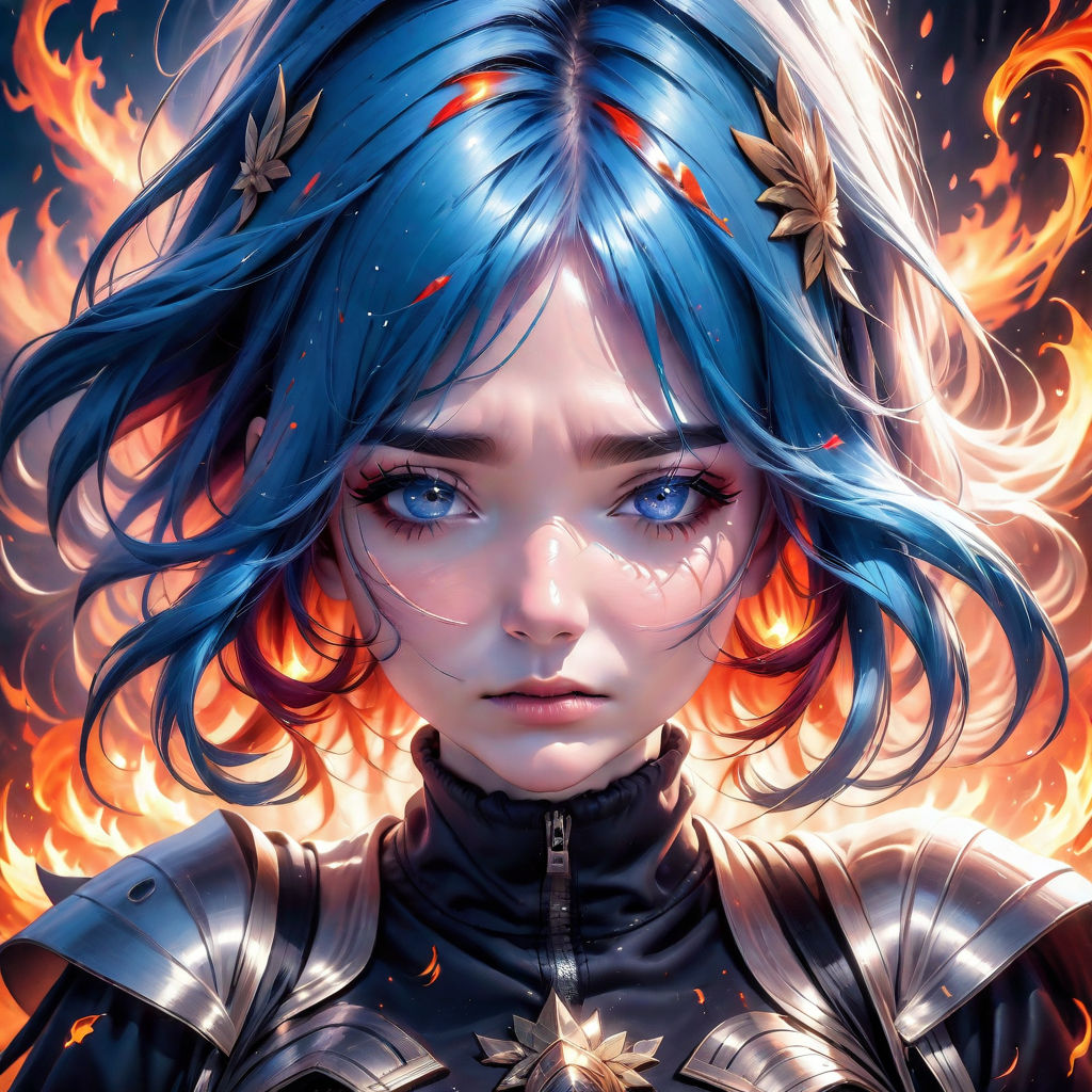 Dark anime character with glowing blue eyes surrounded by red flames