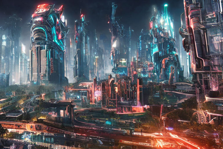 4K, cyberpunk, city, futuristic, cityscape, building, skyscraper, digital  art, mechs