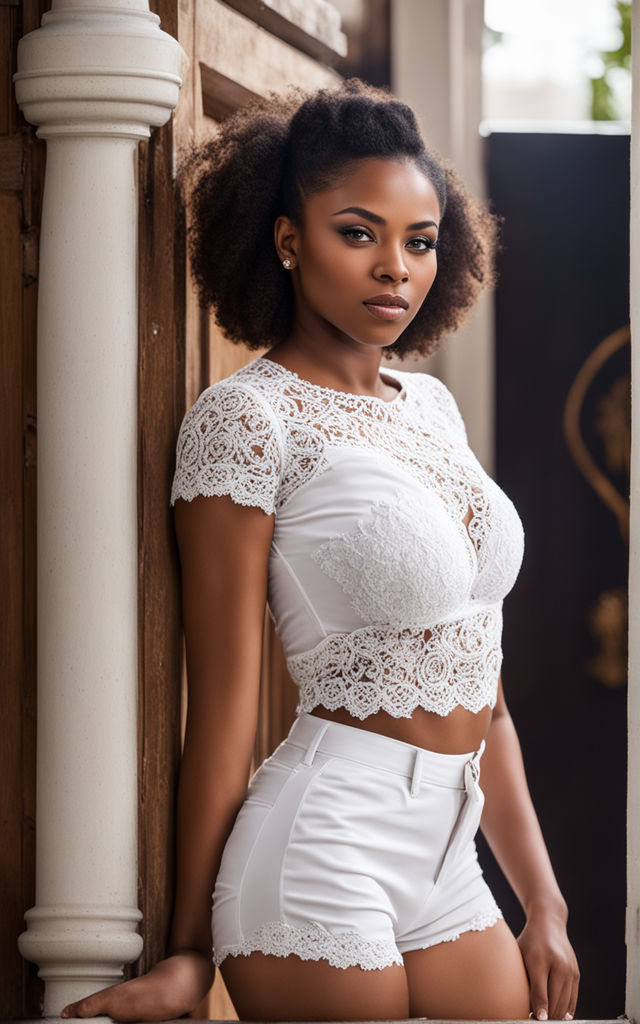 Attractive Young Model Wearing White Shirt with Lacy Black Lacy