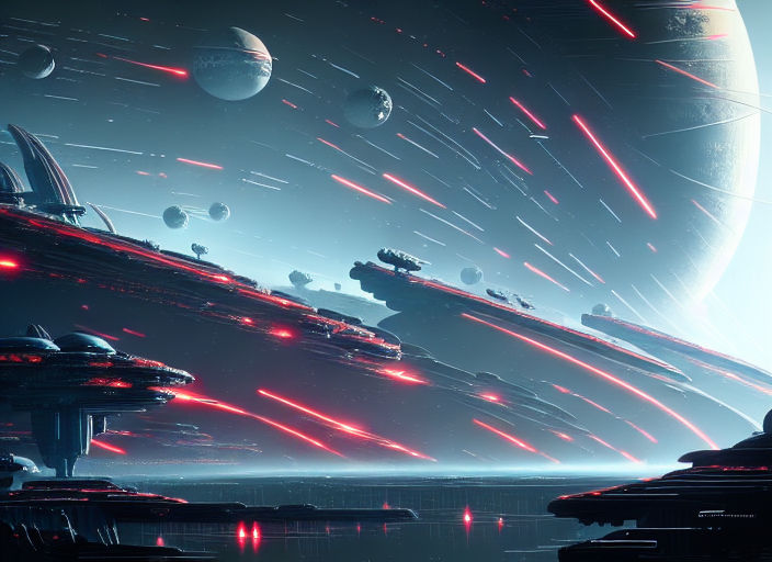 featuring colossal battleships from distant worlds engaged in an epic  interstellar war. The scene captures the iconic space opera essence -  Playground