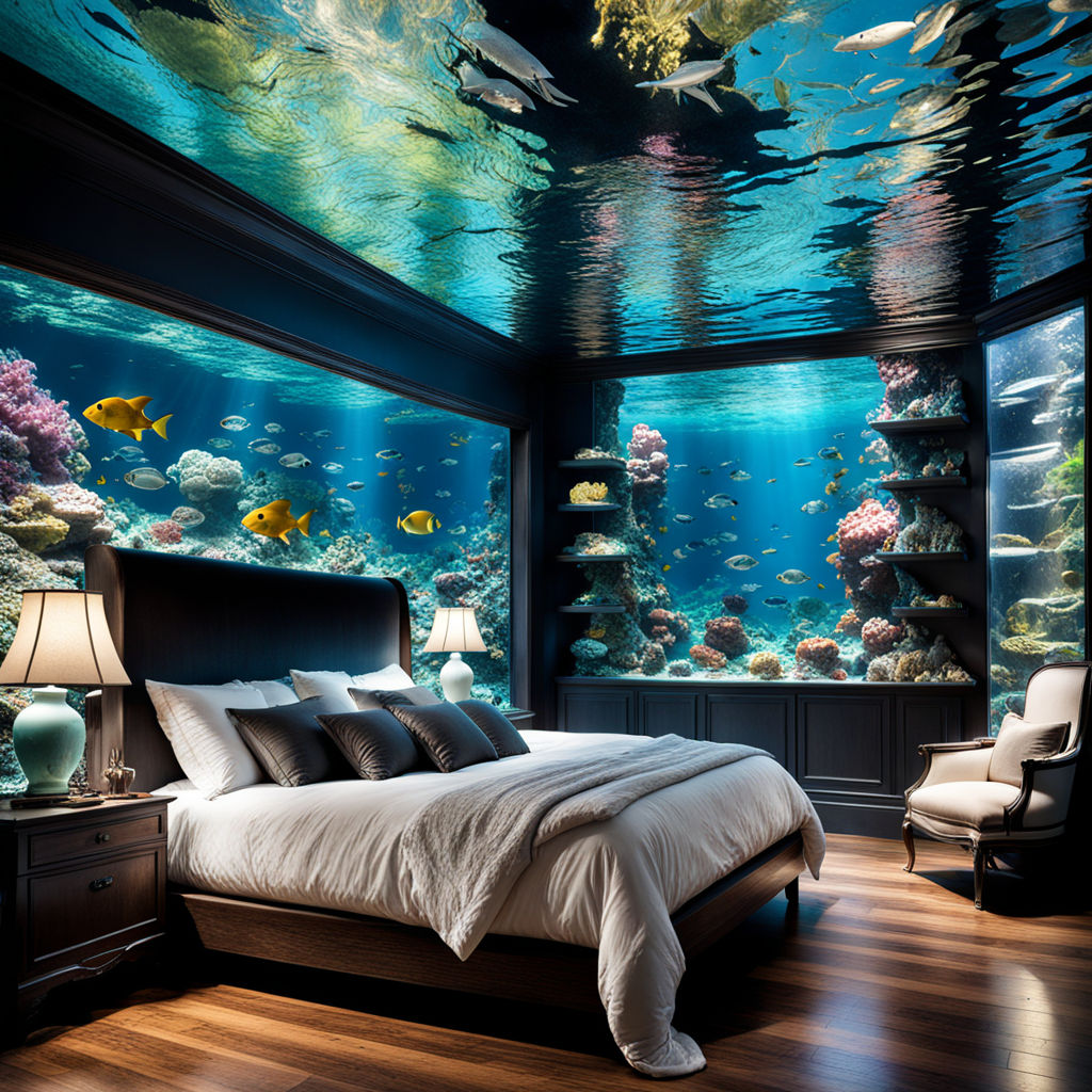 A teenagers bedroom that is completely underwater with beautiful fish  swimming around the room. - Playground