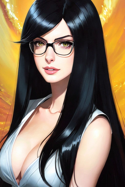 Anime girl with black hair and giant boobs popping out of a white