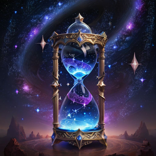 moralturtle525 A beautiful hourglass pouring fine crystallized sand  around musical notes stars moons seagulls fireflies cobalt blue starry  sky with half moon in the background