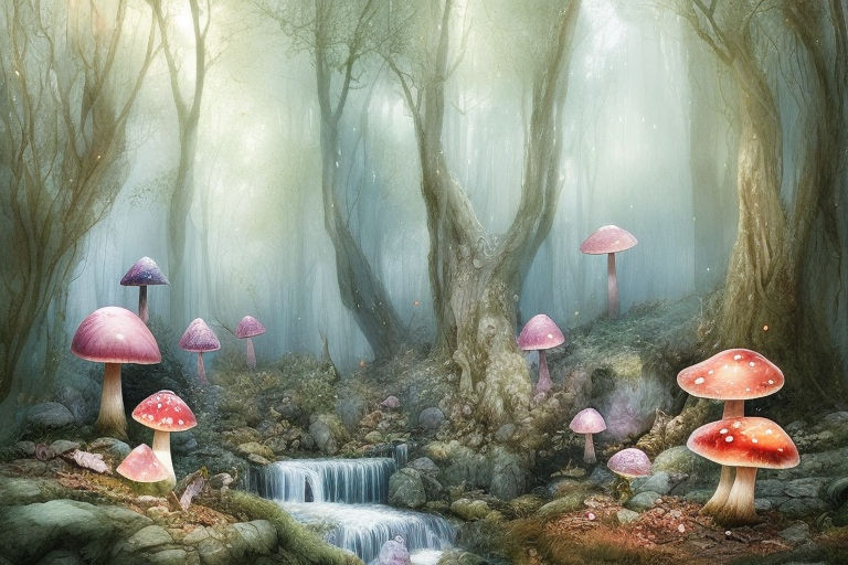 Enchanted forest, Forest, Mushrooms, Landascape, Waterfall