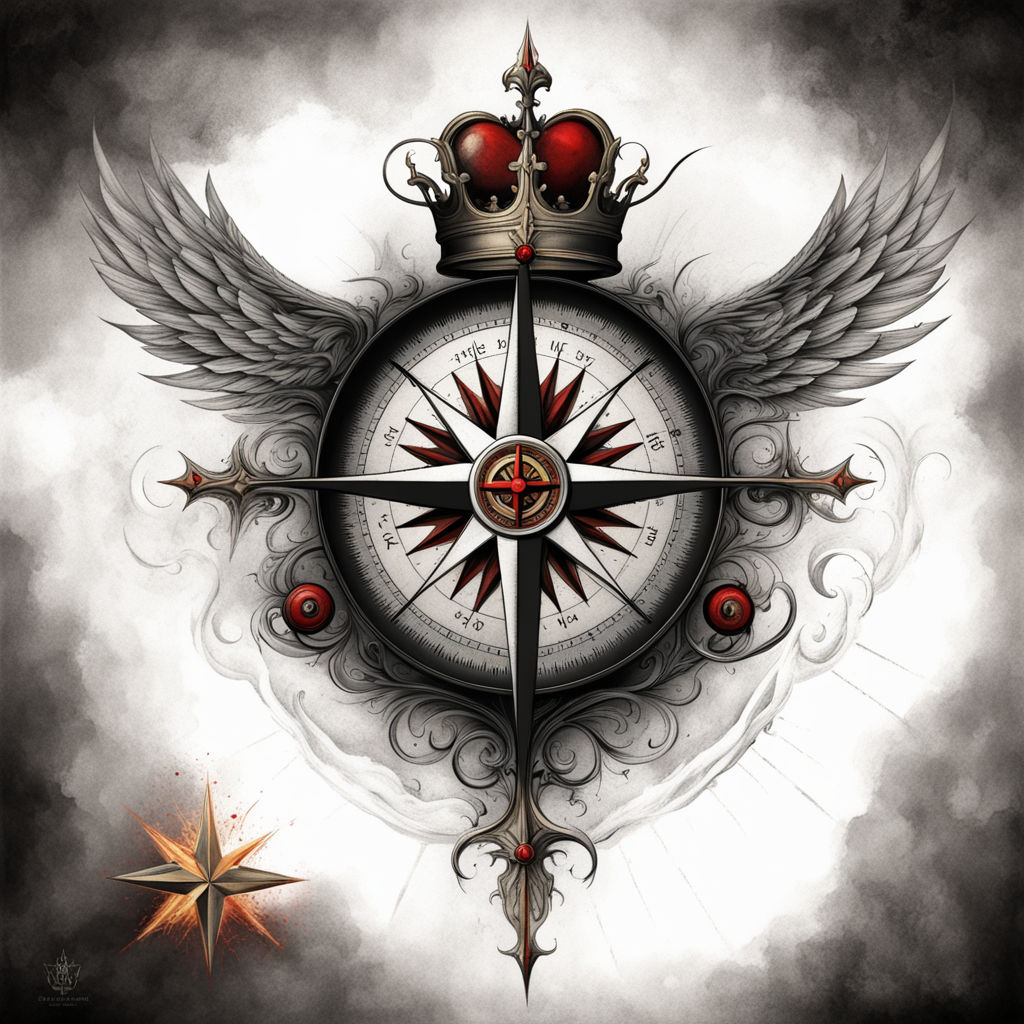 Tattoo design featuring a compass dial sprouting wings