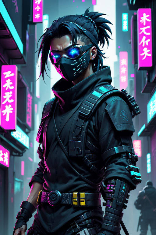 Anime cyberpunk yellow purple neon male with flaming sword