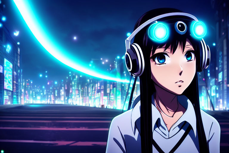 futuristic anime style girl listening to music with headphones