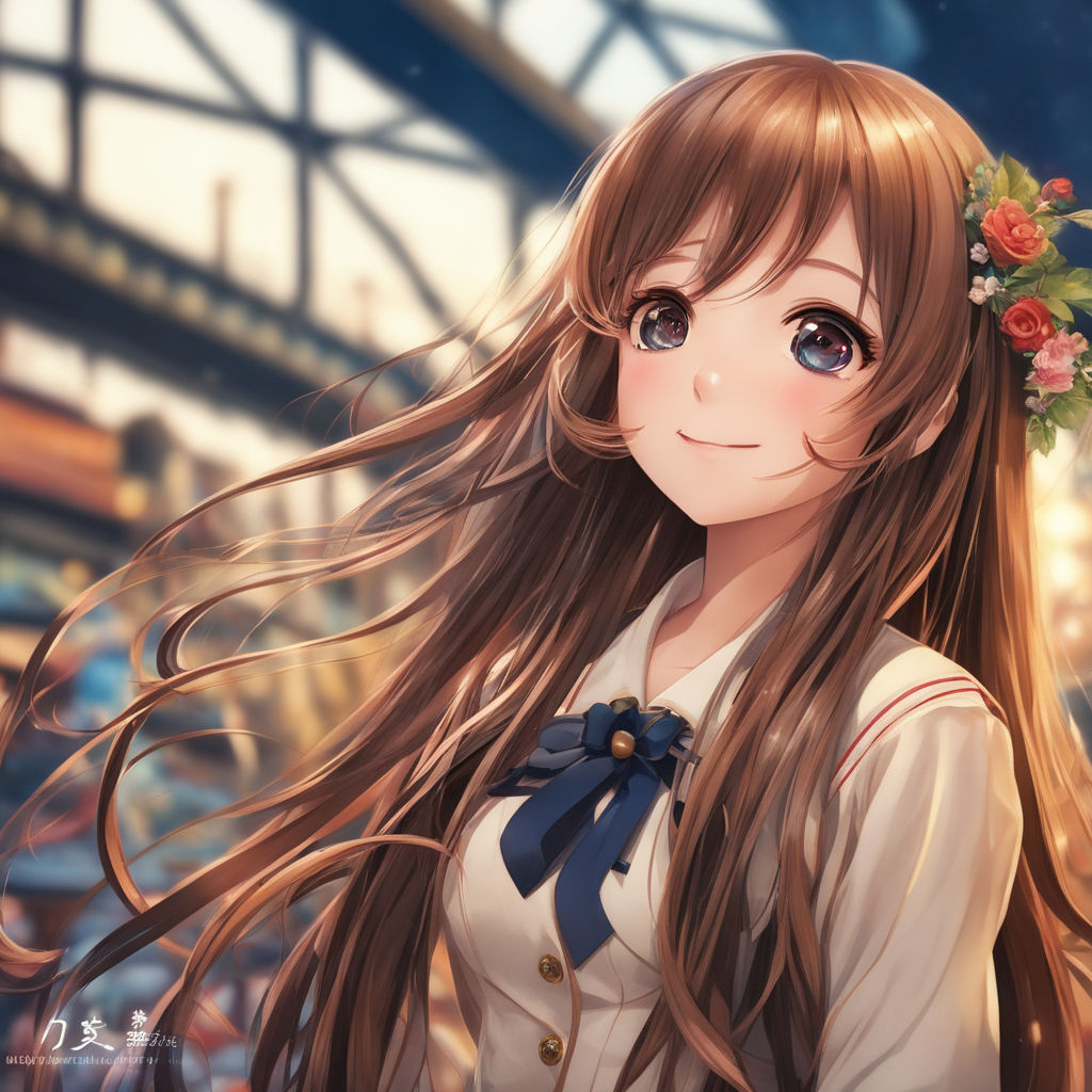 little anime girl with long brown hair