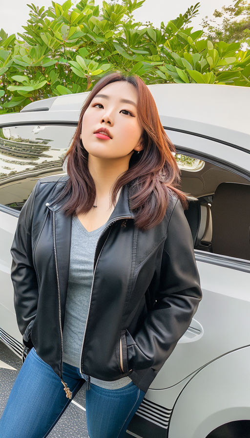 24 year old cute korean woman with leather jacket and leather pants -  Playground