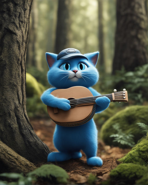 Cat dressed as smurf in the forest