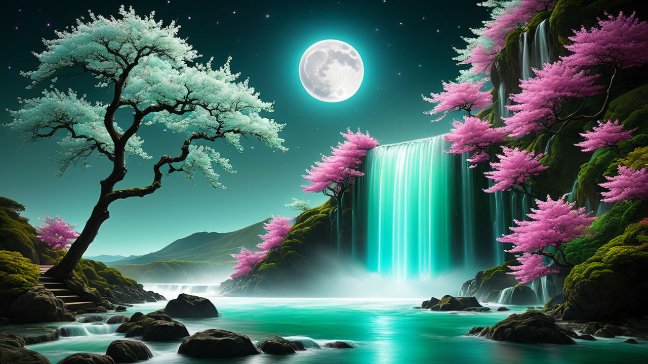 Premium Photo | Beautiful scenery in moonlight sky with tree and waterfall  design wallpaper generated by AI