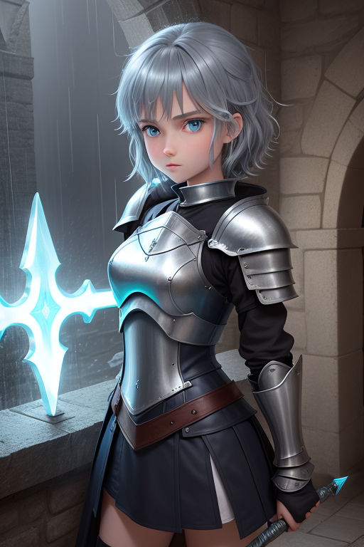 Lexica - anime female knight full body holding sword white hair