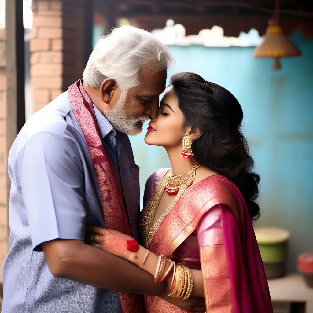 indian young actress kissing ugly elderly man Couple Standing in